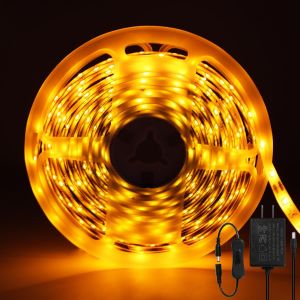 Ruban LED 5M Jaune,12V Bande LED 5 Mètres IP65 Étanche 300LEDs SMD2835 Bande Lumineuse LEDs Flexible pour Intérieur et Extérieur Chambre TV Noël Décoration (Avec Adaptateur) - Neuf