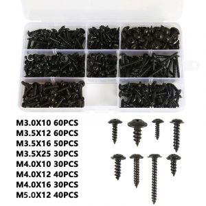 Assortiment de 340 vis autotaraudeuses M3, M3.5, M4, M4.8, noires, cylindriques, autoperceuses, de bonne qualité, durables, zinguées, livrées dans un coffret en plastique pratique. - Neuf