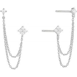 Kal-Boucles D'oreilles Chaîne Pour Femmes - 925 Sterling Silver Four Zircon Flowers Boucles D'oreilles Double Chaîne Frange Piercing Boucles D'oreilles Les Femmes Bijoux Cadeau - Neuf