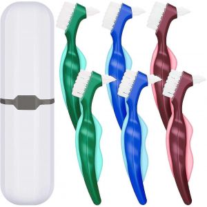 Paquet de 6 brosses à prothèses Brosse à dents Brosse de nettoyage de prothèses dure avec sac de transport blanc - Neuf