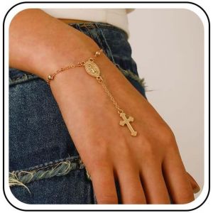 Kalsw-Bracelet De Cha&icirc;ne De Croix De Boho Bracelet De Croix De Pi&egrave;ce D'or Cha&icirc;ne De Main Bracelet De Cha&icirc;ne De Perles Bracelet De Pendentif De Croix Pi&egrave;ce Monnaie Bracelet Perles Croix Chapelet - Neuf