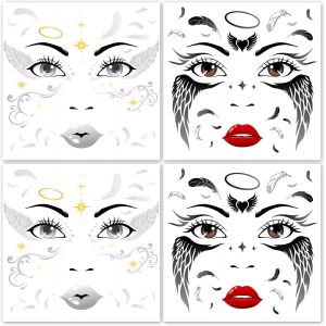 4 Feuilles Ange Tatouage Halloween Pour Visage, Tatouage Temporaire Carnaval Autocollant Visage Pour Déguisement Ange, Deguisement Halloween Costume - Neuf