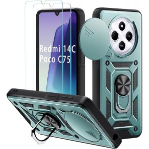 Kal-Coque Pour Xiaomi Redmi 14c 4g / 5g / Xiaomi Poco C75 / Redmi A4, Avec 2 Pièces Verre Trempé, Lentille Coulissante Couverture, Support 360° Rotatif Militaire Pc Armor Etui, Vert - Neuf