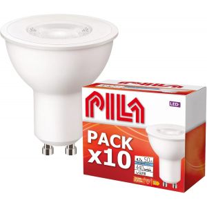 Paquet de 10 spots LED, 4,7 W (= 50 W halogène), 400 lumens, 36º, non dimmable, sans transformateur (culot GU10), IRC80, lumière blanche chaude (2700 K), durée de vie de 15 000 h - Neuf