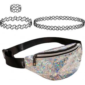 SJZG-Sac Banane,Sac Banane Paillette,Ceinture Réglable,Imperméable,Avec Choker Chaîne Ensemble,Pour Femme Homme Enfant Holographique Sacoche,Argent - Neuf