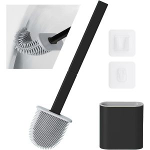 SEPT-Brosse de Toilette en Silicone et Support, Brosse WC en Silicone Souple, Ensemble de Brosse de Toilette en Silicone Noir avec Poign&eacute;e en Silicone Antid&eacute;rapante et Base Anti-Goutte - Neuf