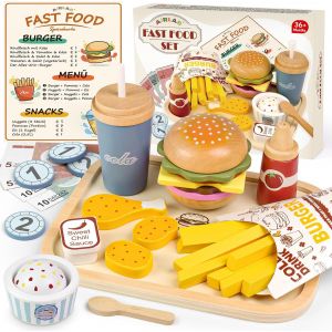 KALANKA-Jouet Restauration Rapide Bois, Accessoire Cuisine Barbecue Enfant Bébé, Ustensile en Fast Food, Jouet Dinette Éducatif Montessori, Cadeau Anniversaire Halloween Noël Garçon Fille 3 4 5+ Ans - Neuf