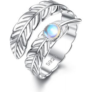 925 Argent Bague Pour Femme Filles R&eacute;glables Engagement De Mariage Eternity Bague En Pierre De Lune Plume Ailes D'ange R&eacute;glable Bagues De Pouce Ouvert Pour Femme Homme Argent - Neuf