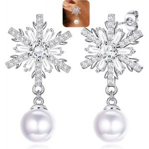 Kal-925 Sterling Argent D'oreilles Flocon Neige Boucles D'oreilles Flocon Neige Pour Femmes Pendantes Flocon Neige Noël Perle Scintillante Hypoallergéniques Flocon Neige Cz Bijoux Noël Cadeaux - Neuf