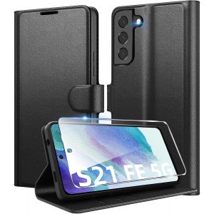 MEVRONISSHOP-Coque pour Samsung Galaxy S21 FE 5G en Premium Cuir PU, Portefeuille Housse Etui pour Cartes Protection Anti-Choc Flip Case avec 1 Verre Tremp&eacute; Noir - Neuf