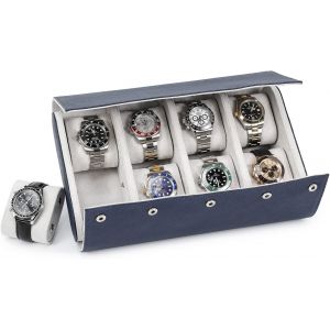 Kal-Étui De Rangement Pour Montre Etui De Voyage 8 Montres Organisateur De Montre De Voyage En Cuir Saffiano Véritable Boîte De Rangement Pour Montres (Bleu) - Neuf