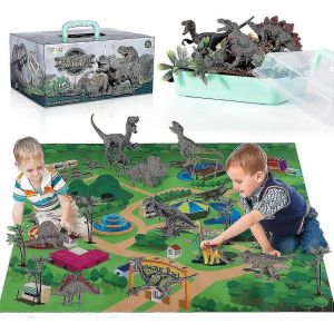 Figurine de dinosaure avec tapis d'activités et arbres, ensemble de jeu éducatif et réaliste pour créer un monde de dinosaures comprenant T-Rex, Triceratops et Velocira - Neuf