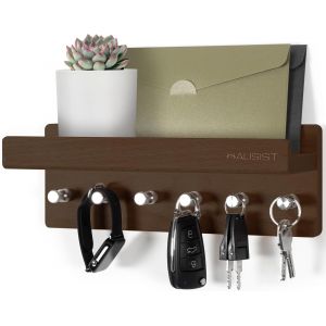 CAUC-porte clef mural bois boite a clef bois d&eacute;coratif porte cl&eacute; mural bios crochets en Acier Inoxydable Bois de H&ecirc;tre Avec etagere pour entr&eacute;e (H&ecirc;tre Teint&eacute; Noyer) - Neuf