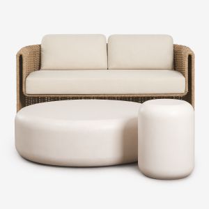 Ensemble De Jardin Avec Canap&eacute; 2 Places En Acier Et Rotin Synth&eacute;tique Lina Et 2 Tables Basses En Ciment Fonelas - Neuf