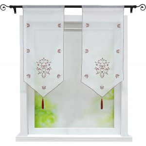 Rideau Brise-Bise En Voile Transparent Frange À Pompon Broderie Florale Avec Cordon De Serrage Pour Salle De Bain Cuisine Et Salon Erna 1 Pièce Bordeaux Lxh 60x120cm - Neuf