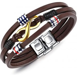 Kal-Bracelet Tiss&eacute; En Cuir Multicouche Pour Homme, Bracelets En Acier Inoxydable Avec Symbole Infini, Boucle En Acier Inoxydable, Marron, Cadeau De No&euml;l Ou D'anniversaire - Neuf