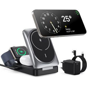 3 En 1 Chargeur Sans Fil Avec Mag-Safe, Station De Charge Certifi&eacute; Qi2, Pliable Chargeur Induction Sans Fil Pour Iphone 16 15 14 13 12, Apple Watch, Airpods Pro Avec Adaptateur Rapide - Neuf