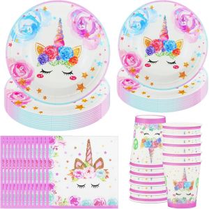 Sjzg-Ensemble De Vaisselle De F&ecirc;te Licorne, 50 Pi&egrave;ces D&eacute;coration De F&ecirc;te Licorne, Vaisselle D'anniversaire Pour Enfants Avec Assiettes, Gobelets Serviettes Papier, Fournitures De Table 10 Invit&eacute;s - Neuf