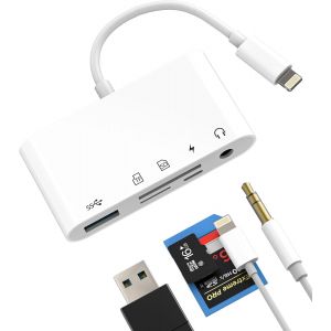 TRAHOO-Adaptateur Lightning vers USB Lecteur de Carte SD Jack 3.5mm &Eacute;couteurs (5en1)pour iPad Micro SD TF Memory Card Reader pour iPhone 14 pour Apple Cam&eacute;ra OTG 3.0 C&acirc;ble AUX Audio Chargeur Connecte - Neuf