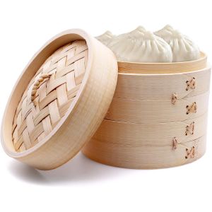 JEXNOVASHOP-Cuiseur Vapeur en Bambou - 2 &Eacute;tages Avec Couvercle - 15 cm - Panier Avec 2 Tapis de Cuisson en Silicone - Pour Boulettes, Riz, Dim Sum, L&eacute;gumes, Viande (S) - Neuf