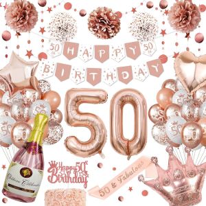 SJZG-Decoration Anniversaire 50 Ans Femme, Or Rose Decoration Anniversaire 50 Ans Femme, Suspension Cercle &Agrave; Points Paillet&eacute;s, 50 Ans Ballons Anniversaire Deco, Pom Pom En Papier, 50 Ans D&eacute;coration F - Neuf