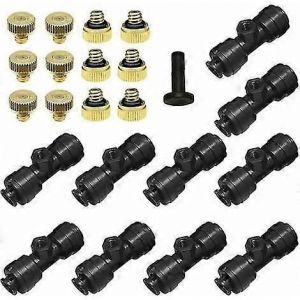 Kit de buse de brumisation verrouillable 1/4' 12x buses de brumisation en laiton 0,3 mm 10/24 Unc + 10x tés de buse + 1x capuchon,buses de brume pour système de brumisation de patio - Neuf