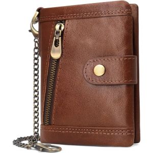 Portefeuille Homme En Cuir V&eacute;ritable Porte Monnaie Homme Avec Cha&icirc;ne Blocage Rfid Portefeuille Pour Homme 17 Porte Carte Cr&eacute;dit Poche &Agrave; Monnaie Classique Porte Feuille Avec Bo&icirc;te Cadeau - Neuf