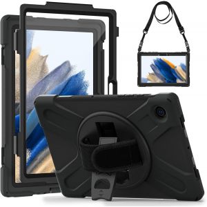 Coque Antichoc Pour Samsung Galaxy Tab A8 10.5 Pouces 2022, (Sm-X200/Sm-X205/Sm-X207), &Eacute;tui Robuste Avec Protection D'&eacute;cran, Support Rotatif &Agrave; 360&deg;, Dragonne Et Bandouli&egrave;re, Porte-Stylo, Noir - Neuf