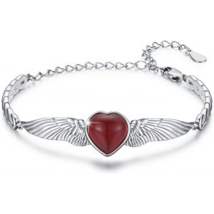 Bracelet En Forme De C?ur Opale Et Pierre De Naissance Pour Femme - Argent 925 - Ailes D'ange - Bracelet Porte-Bonheur - Cadeau D'anniversaire Pour Filles Et Femmes, 23.33 Zentimeter, Argent - Neuf