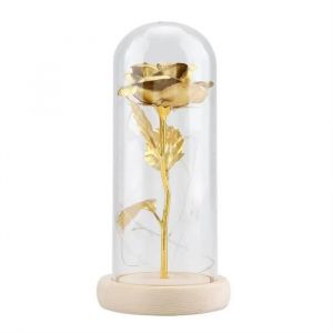 Fleur Rose Éternelle Lumière LED - Doré - Base en Bois - Cadeau de Mariage Saint-Valentin - Neuf