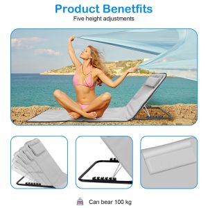 2 Pi&egrave;ces Tapis De Plage Tapis De Plage Transat De Plage Pliable Avec Coussin R&eacute;glable En Hauteur Sur 5 Niveaux Avec Sangle De Transport Gris Clair - Neuf