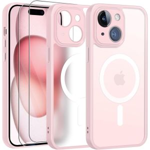 Store-Magnétique Coque Pour Iphone 15 Avec 2 Verre Trempé,Compatible Avec Magsafe,Protection D'objectif Tout Compris,Etui Translucide Mat Arrière Housse Fine Antichoc Case,Rose - Neuf