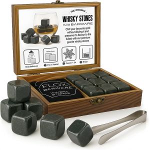 Coffret Cadeau Pierres À Whisky Dans Coffret Élégant En Bois,Comprenant 9 Pierres De Refroidissement En Granit,Une Pince À Glace Et Une Pochette De Rangement Le Cadeau Ultime Pour Le Whisky - Neuf