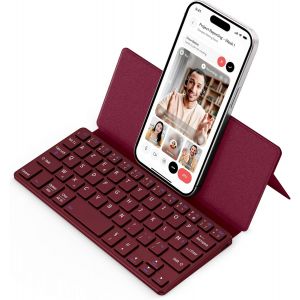 Clavier Bluetooth Pliable, Mini Clavier Sans Fil Double Canal, [Azerty] Bluetooth Avec Support,Mini Ultra Plat, Compatible Avec Ipad/Phone/Tablette, Android, Windows, Bordeaux - Neuf