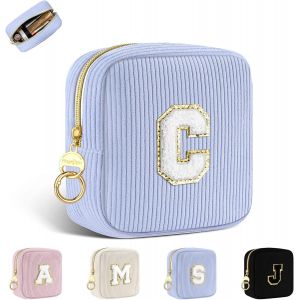 Petit Trousse Personnalisable Pochette Maquillage Femme Mini Trousse De Toilette Fille Avec Initiale Sac De Cosm&eacute;tiques En Velours C&ocirc;tel&eacute; Personnalis&eacute;e Cadeau Anniversaire No&euml;l Filles Maman(Bleu-C) - Neuf