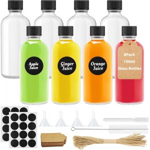 Jexnovashop-8pcs 100ml Mini Bouteille Verre, Petite Bouteille En Verre Vide, Shot Bouteilles, Bouteilles En Verre Avec Couvercles Avec Entonnoir, &Eacute;tiquette, Stylo Pour Huiles Essentielles,Jus,Ginger - Neuf