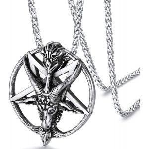 Collier Homme Satan Acier Inoxydable Baphomet Pentacle Inversé,Pendentif Satanique Chèvre Tête Acier Inoxydable/Or/Noir,Chaîne 55+5 Cm,Bijoux Gothique - Neuf