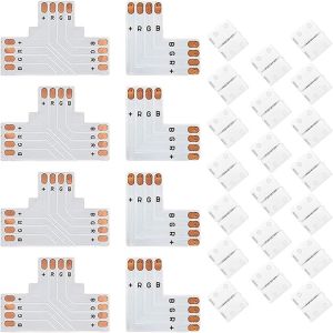 28 Connecteurs De Bande Led, 4 Connecteurs En Forme De L &Agrave; 4 Broches, 4 Connecteurs En Forme De T, 20 Clips De Connecteur, Adaptateur Rvb Sans Soudure De 10 Mm De Large Pour Bandes - Neuf