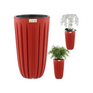 Pot De Fleurs, Cache-Pot, Bac &Agrave; Fleurs Avec Insert, Couleur Rouge, Rond, &Oslash; 29 Cm, H 50 Cm, Belles Rainures &Eacute;l&eacute;gantes, Plastique Mat - Neuf