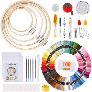 Mevronisshop-Fils &Agrave; Broderie Kit, 205 Pcs Avec 100 Color Set Pour 5 Cercles Bambou, 40 &Eacute;pingles &Agrave; Coudre, 3 Tissus &Agrave; Broder Aida Et Kit D'outils De Point De Croix, Avec Instruction - Neuf