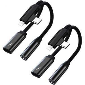 KALANKA-Adaptateur USB C/Lightning Jack 3.5mm avec Charge Rapide PD, Prise Type C/Lightning vers AUX 2 en 1 pour &eacute;couteurs, USB C Jack Compatible avec iPhone 16 Pro Max, Ultra/S24/S24(2 pi&egrave;ce/Noir) - Neuf
