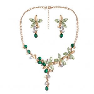 Ensemble De Bijoux Fantaisie Pour Femme, Collier Et Boucles D'oreilles En Forme De Feuille Et De Fleur, Avec Strass (Vert) - Neuf