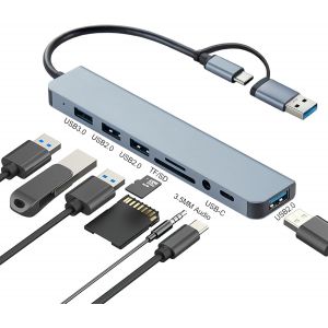 KAL-Hub Usb-C 8 En 1 Avec Ports Usb, Lecteur De Cartes Sd/Tf, Prise Casque 3,5 Mm - Adaptateur Polyvalent Pour Macbook Pro/Air, Ordinateurs Portables, Tablettes Et Smartphones - Design Portable Et Ro - Neuf