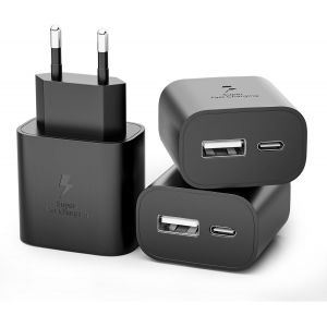 3 Pieces Usb C Charger, 25w 2-Port Usb-C And Usb-A Super Fast Power Socket Adapter For Samsung Galaxy S25 S24 S23 S22 S21 S20 Ultra Fe, A56 A55 A54 A53 A52 A40 A36 A35 A34 A16 A15 Z Flip6 - Neuf