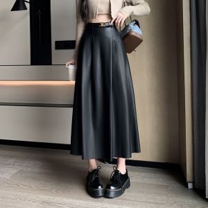 Jupe En Cuir Pour Femme Automne Et Hiver Longue Jupe En Cuir Swing Jupe Taille Haute Jupe Mi-Longue Jupe Trapèze Couvre Les Hanches Jupe En Cuir Pu Mince - Neuf