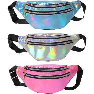 KALANKA-Lot de 3 sacs bananes pour femme, réglables, réfléchissants, holographiques, multicolores, en cuir PU, sac banane pour femme et fille, 1 argent + 1 rose + 1 bleu, L, Sac banane réglable et - Neuf