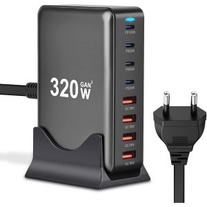 Chargeur Usb C 320 W - 8 Ports Usb - Station De Charge Rapide Usb Avec 4 Ports Usb-A Et 4 Ports Usb-C Pd Pps 100 W - Bloc D'Alimentation Usb C Pour Macbook Pro/Air, Samsung - Neuf