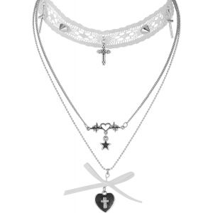 Kal-Multilayer Collier Vintage Coeur Etoile Choker Chaîne Dentelle Croix Punk Gothique Pendentif - Neuf