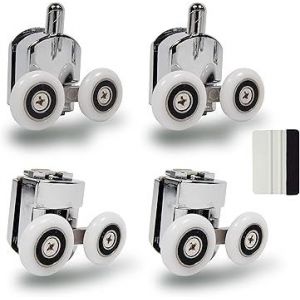Roulettes de porte de douche 23 mm (haut et bas) (lot de 4) en alliage de zinc - Chrome - Livrées avec raclette - Neuf