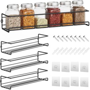Etagere A Epices Murale Metal,4 Pcs Rangement Epices Cuisine Mural-Approximativement 29&times;8&times;6cm,L'ensemble De Etagere Epices Cuisine Mural-Noire Porte Epices Cuisine Mural - Neuf